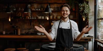 Young Smiling Friendly Waiter in a Cozy Wooden Restaurant. Blurred Background of the Restaurant. Working at the Restaurant. photo