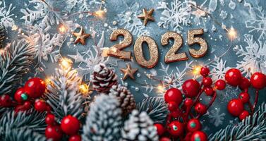 oro 2025 números. 2025 nuevo año antecedentes con rojo decoración, Navidad árbol sucursales, y Brillantina nieve foto