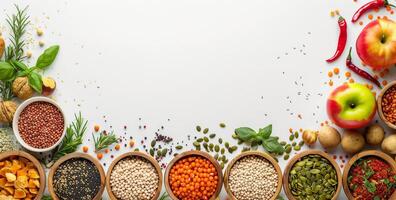 Various Beans and Grains in Piles in Bowls Lined Up on a White Wooden Background photo