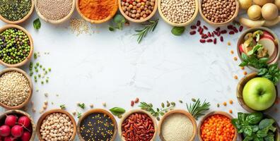 Various Beans and Grains in Piles in Bowls Lined Up on a White Wooden Background photo