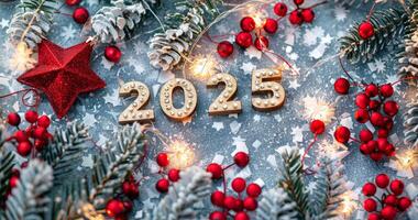 oro 2025 números. 2025 nuevo año antecedentes con rojo decoración, Navidad árbol sucursales, y Brillantina nieve foto