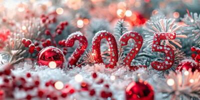 Red 2025 Numbers. 2025 New Year Background with Red Balls, Christmas Tree Branches, and Glitter Snow photo