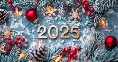 oro 2025 números nuevo año celebraciones con rojo detalles, y Navidad árbol ramas antecedentes. yo mismo, Sylvester antecedentes foto