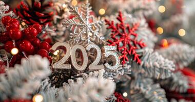 Gold 2025 Numbers. 2025 New Year Background with Red Decor, Christmas Tree Branches, and Glitter Snow photo