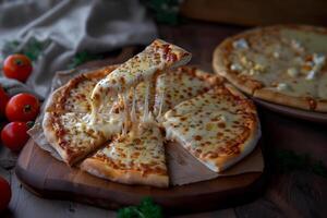 Pizza Background with Slice of Melting Cheese and Tomatoes. Delicious Food with Copy Space. photo