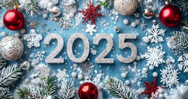 nuevo año antecedentes. plata 2025 número en azul antecedentes con copos de nieve decoraciones foto