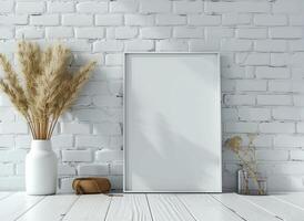 Empty Frame Mockup. Minimalistic Mockup Frame on White Brick Background. Wheat in a Vase Decoration. photo