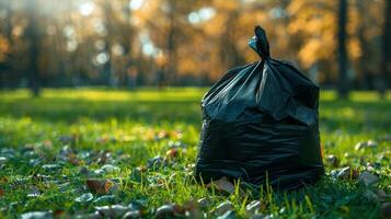 Environmental Conservation. Cleaned Forest, Cleaned Park Waste. Filled Trash Bag against Blurred Clean Green Park Background with Space for Text. photo