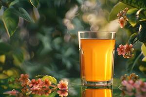 Background with orange juice in glass on a mirror table. Frame of fresh juice on mirror table with copy space. Mockup for fresh summer drink, card, side view photo