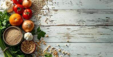 Healthy Diet Food with Empty Space for Text. Tomatoes, Vegetables Background. Healthy Balanced Food Background. photo