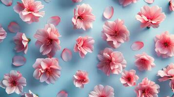 Sakura Flowers with Fallen Petals on Blue Background. Spring Floral Background photo