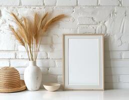 White Frame Background with Small White Bricks Wall and Decorative Wheat Stalks photo