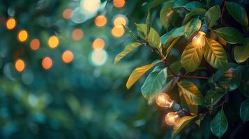 Blurred Outdoor Background with Light Bulbs. Relaxing Nature Atmosphere. String of Outdoor Light Bulbs among Tree Leaves with Copy Text. photo