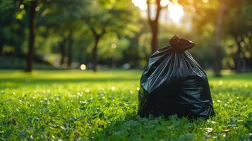 Environmental Conservation. Cleaned Forest, Cleaned Park Waste. Filled Trash Bag against Blurred Clean Green Park Background with Space for Text. photo