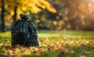 Filled Trash Bag against Blurred Clean Green Park Background with Space for Text. Environmental Conservation. Cleaned Forest, Cleaned Park Waste. photo