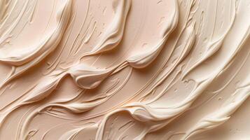Top View Photo of Pink Cream Smears on Beige Background. Skincare Concept. Sunscreen Importance