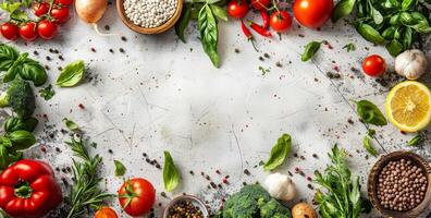 Healthy Diet Food with Empty Space for Text. Tomatoes, Vegetables Background. Healthy Balanced Food Background. photo