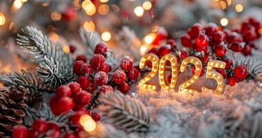 Burning Light Bulbs in 2025 Numbers in New Year Decorations photo