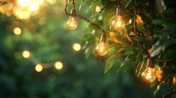 String of Light Bulbs with Leaves Background. Creating a Cozy Outdoor Atmosphere. photo