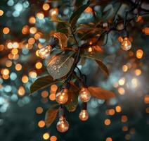 Outdoor Tree with String of Light Bulbs and Copy Space. Cozy Outdoor Atmosphere Background. Blurred Dark Background with Bulbs. photo