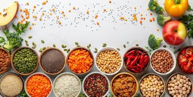 Various Beans and Grains in Piles in Bowls Lined Up on a White Wooden Background photo