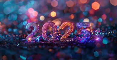 2025 celebration image with sparkling numbers and vibrant bokeh background. New Year's Eve background, holiday greetings, new year party invitations. photo