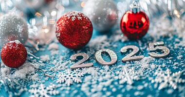 2025 New Year Background. Silver 2025 Number on Blue Background with Snowflakes Decorations photo