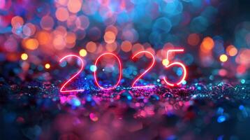 Pink 2025 Neon Numbers. New Year. Silvester Bright Shine Background photo