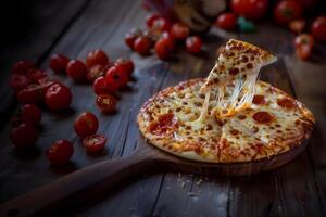 Pizza Background with Slice of Melting Cheese and Tomatoes. Delicious Food with Copy Space. photo