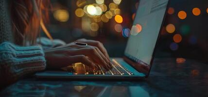 The woman hands at the laptop background. Woman working at the computer in the evening. photo