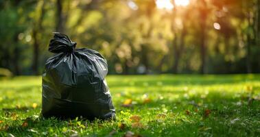 Environmental Conservation. Cleaned Forest, Cleaned Park Waste. Filled Trash Bag against Blurred Clean Green Park Background with Space for Text. photo