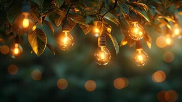 Close-Up of Outdoor String of Light Bulbs Among Tree Leaves with Copy Space. Creating a Cozy Outdoor Atmosphere. Blurred Dark Background with Bulbs. photo