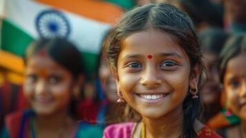 Indian Girl Celebrating Indian Independence Day. Background of Crowds Waving Indian Flags. Indian Independence Day Celebration. photo