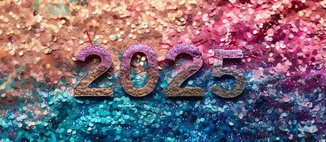 2025 nuevo año antecedentes con rosado reluciente números en un Brillantina oro, azul y rosado antecedentes. nuevo años víspera eventos, fiesta saludos, festivo fiesta invitaciones foto