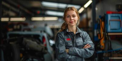 el niña mecánico a trabajar. alta calidad coche reparar. antecedentes con mecánica lugar de trabajo. foto