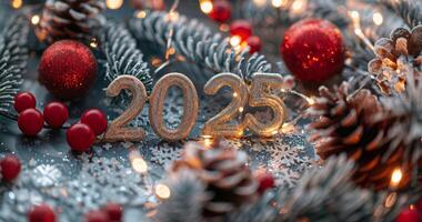 2025 numbers New Year celebrations with red balls and Christmas Tree Branches Background. Selvester, Sylvester background photo