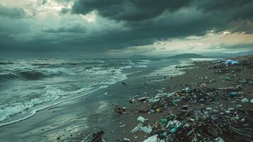 Plastic Waste on the Ocean Beach. Environmental Pollution. Plastic Debris on the Seashore Landscape. photo