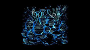 Neon frame effect traditional handicrafts, including pottery, glow, black background. video
