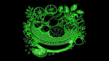 Neon frame effect Machboos, a traditional Arabic dish, glow, black background. video