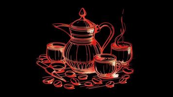 Neon frame effect traditional Arabic coffee, glow, black background. video