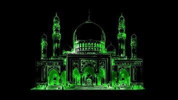 neon kader effect al fateh groots moskee in bahrein, gloed, zwart achtergrond. video