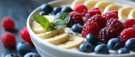 Bowl of Fruit and Yogurt With Bananas and Raspberries photo