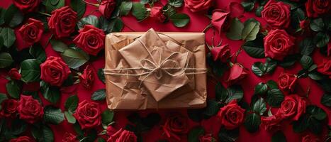 Brown Paper Wrapped Present Surrounded by Red Roses photo