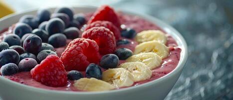 Bowl of Fruit and Yogurt With Bananas and Raspberries photo