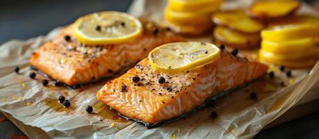 Two Salmon Fillets on Wax Paper With Lemons photo