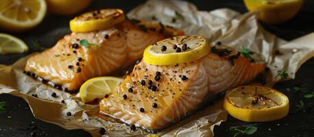 Two Salmon Fillets on Wax Paper With Lemons photo