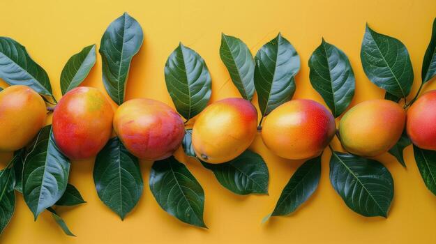 Row of Peaches With Leaves on Yellow Background photo