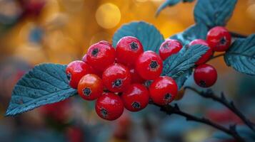 Cluster of Red Berries Hanging From Tree photo