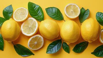 Group of Lemons With Leaves on Yellow Background photo