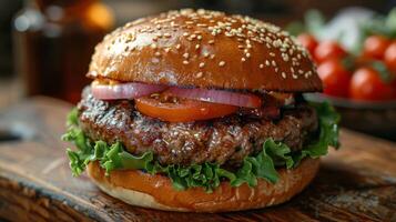 jugoso hamburguesa con lechuga, tomate, cebolla, y queso foto